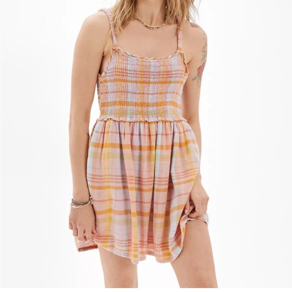 American Eagle Outfitters Pink and Orange Plaid Mini Dress